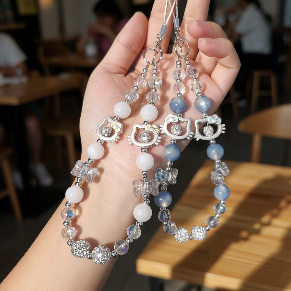 精品蓝色手机链女款水钻手工串珠挂链小清新挂饰相机挂绳手腕短款