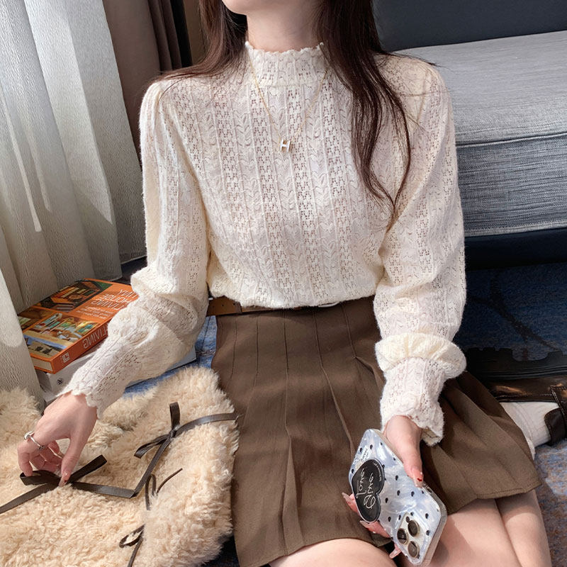 半高领磨毛蕾丝打底衫女秋冬毛衣内搭叠穿透视长袖网纱上衣高级感