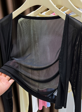 黑色冰丝网纱防晒开衫女夏薄款配吊带裙外搭披肩上衣透视蕾丝小衫