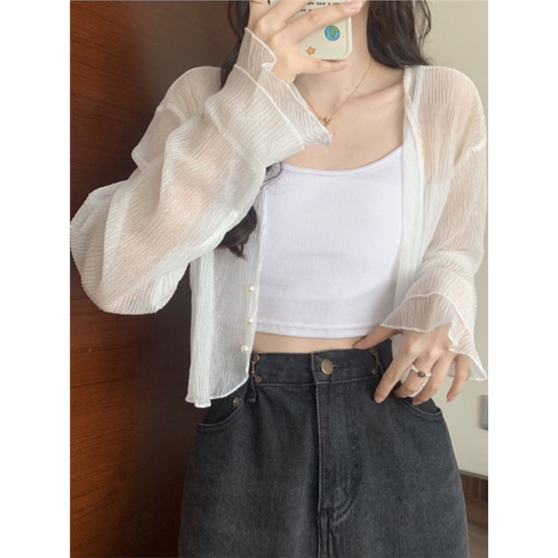 白色薄纱冰丝防晒开衫女夏季短款