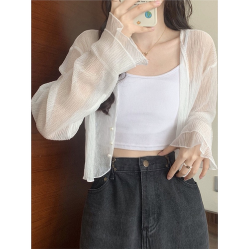 白色薄纱冰丝防晒开衫女夏季短款
