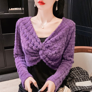 短外套高级感打底衫 吊带连衣裙外搭罩衫 V领蕾丝上衣长袖 植绒冬季