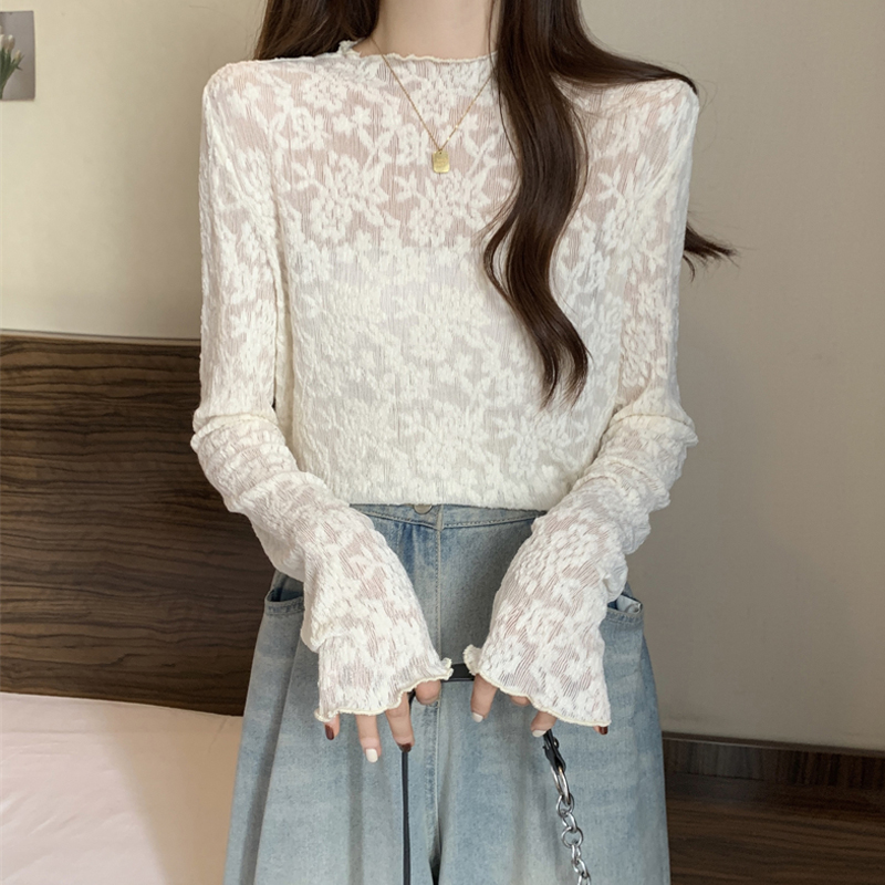 蕾丝内搭长袖内搭衣女春秋季气质遮肉显瘦别致半高领新款网纱洋气