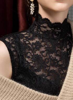 高领无袖吊带砍袖小背心女镂空百搭假领子内搭雷丝上衣蕾丝打底衫