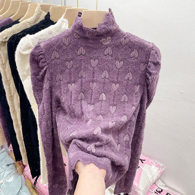 爱心磨毛蕾丝打底衫女秋冬2023新款内搭半高领小衫修身泡泡袖上衣,女装/女士精品,蕾丝衫/雪纺衫,淘宝优惠券,粉丝福利购,淘宝优惠卷