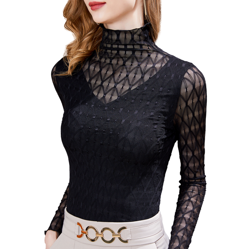 高领打底衫蕾丝女长袖内搭大码网纱镂空上衣2023春秋新款黑色小衫