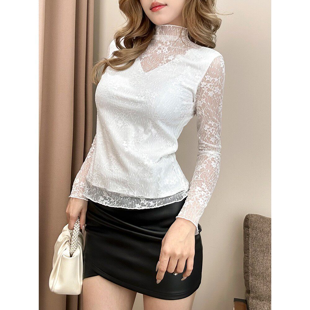 优雅半高领蕾丝打底衫女长袖冬设计感拼接内搭假两件透视网纱上衣