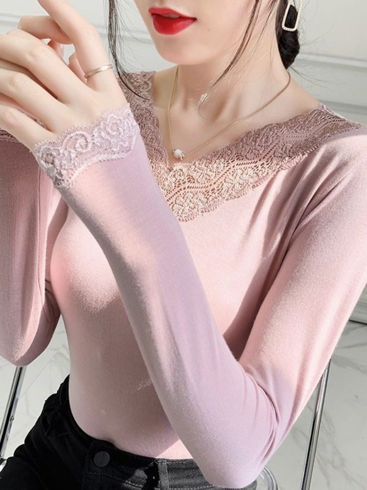 莫代尔打底衫上衣百搭女士v领蕾丝长袖打底衫修身t恤秋冬季显瘦