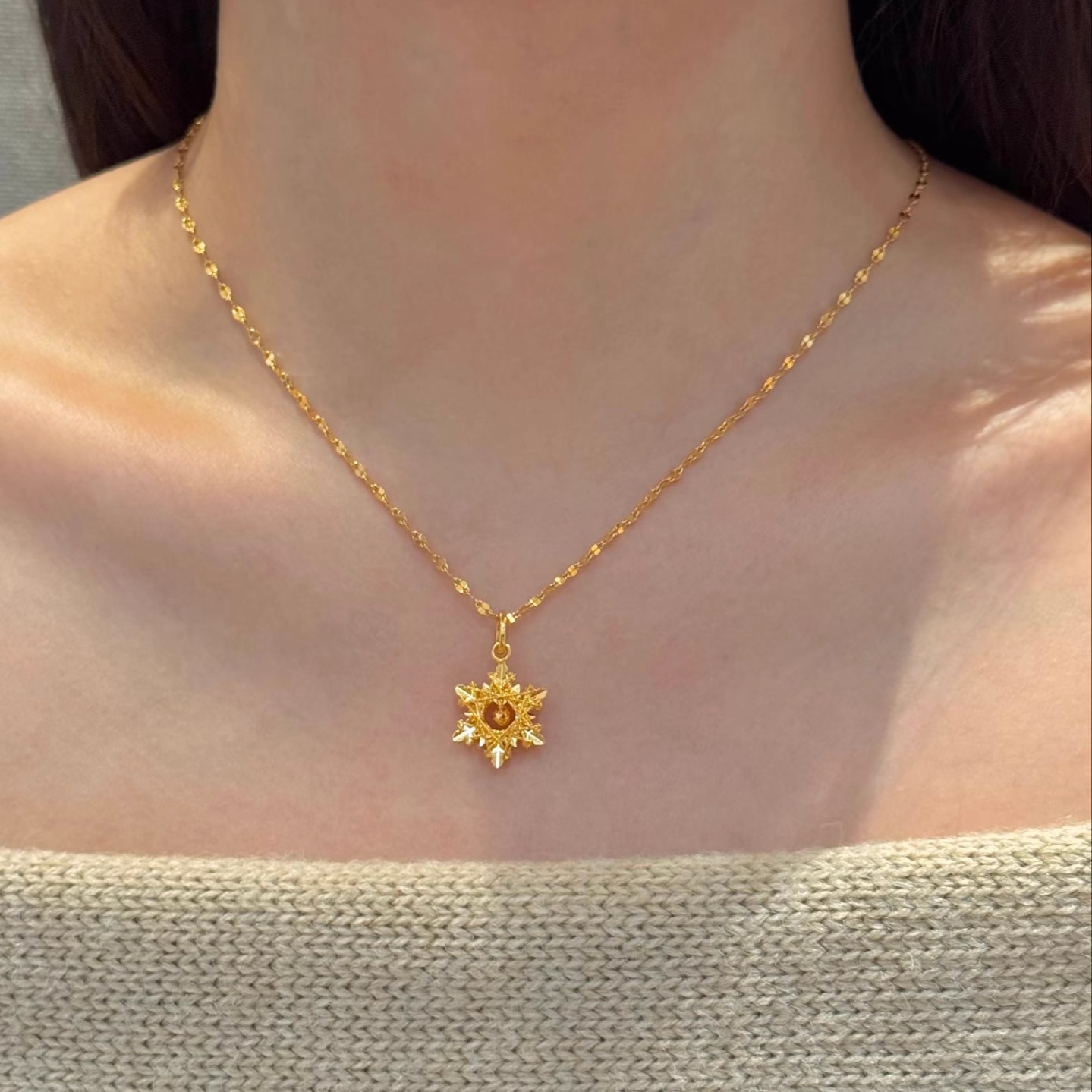 圣诞星芒项链999足金5G黄金吊坠