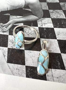 天然海纹石戒指吊坠纯银套装