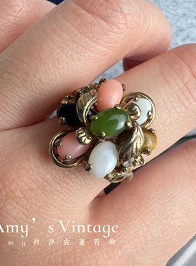 欧美vintage古董首饰中古饰品天然宝石戒指天然碧玉欧泊玛瑙9号