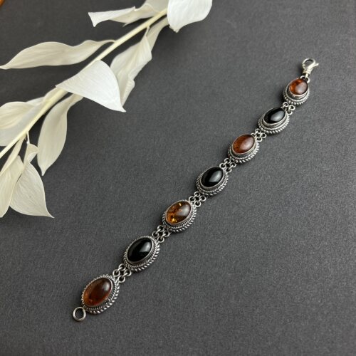 欧美vintage古董首饰中古手工银饰925银天然原矿琥珀黑玛瑙手链