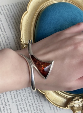 欧美设计师孤品古董首饰中古老银饰925纯银天然花珀琥珀手镯微瑕