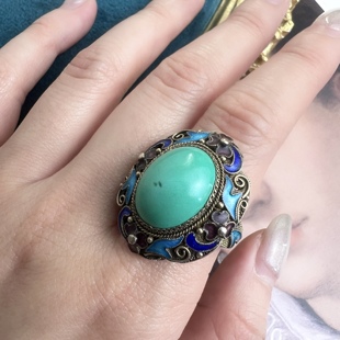 天然原矿绿松石戒指创汇期纯银掐丝珐琅戒指古董首饰中古戒指15号