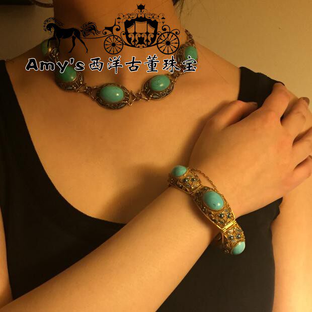 1920's 宫廷手工纯银掐丝珐琅天然高瓷博收藏级古董项链手链套装