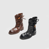 设计师款 做旧褶皱木质珠饰切尔西靴女 慵懒复古风水洗马皮中筒靴