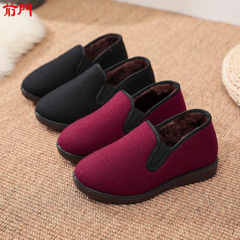 正宗老北京布鞋休闲冬春兔毛加绒保暖纯色舒适防滑软底妈妈鞋棉鞋