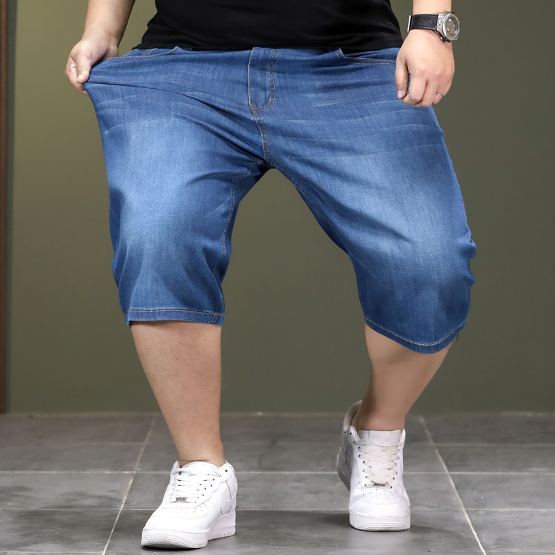 夏季薄款大码五分牛仔短款男中年宽松马裤弹力薄料简约胖子六分裤