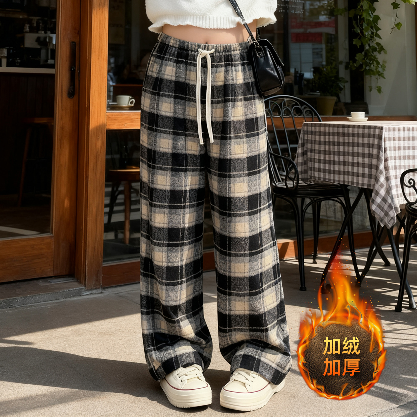 大码慵懒风格子毛呢休闲裤女