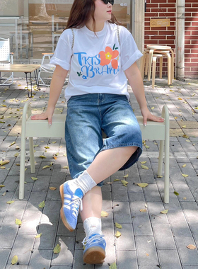 300斤胖mm大码女装复古水洗牛仔短裤女高腰显瘦宽松阔腿七分裤子