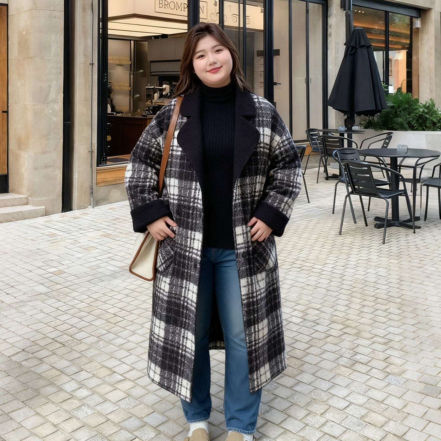 大码胖mm高级感复古格子羊羔毛大衣女冬中长款双面穿加厚毛呢外套