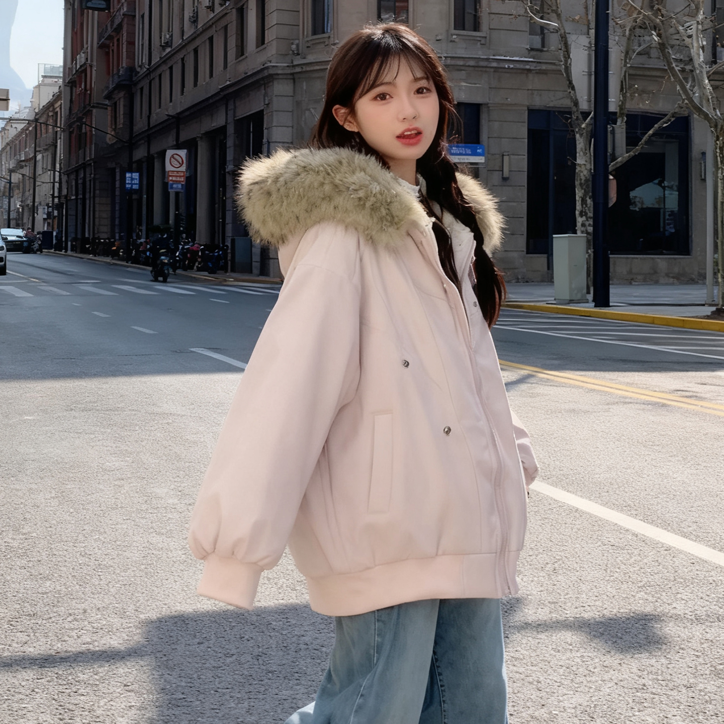 大码女装胖mm粉色毛领连帽棉服