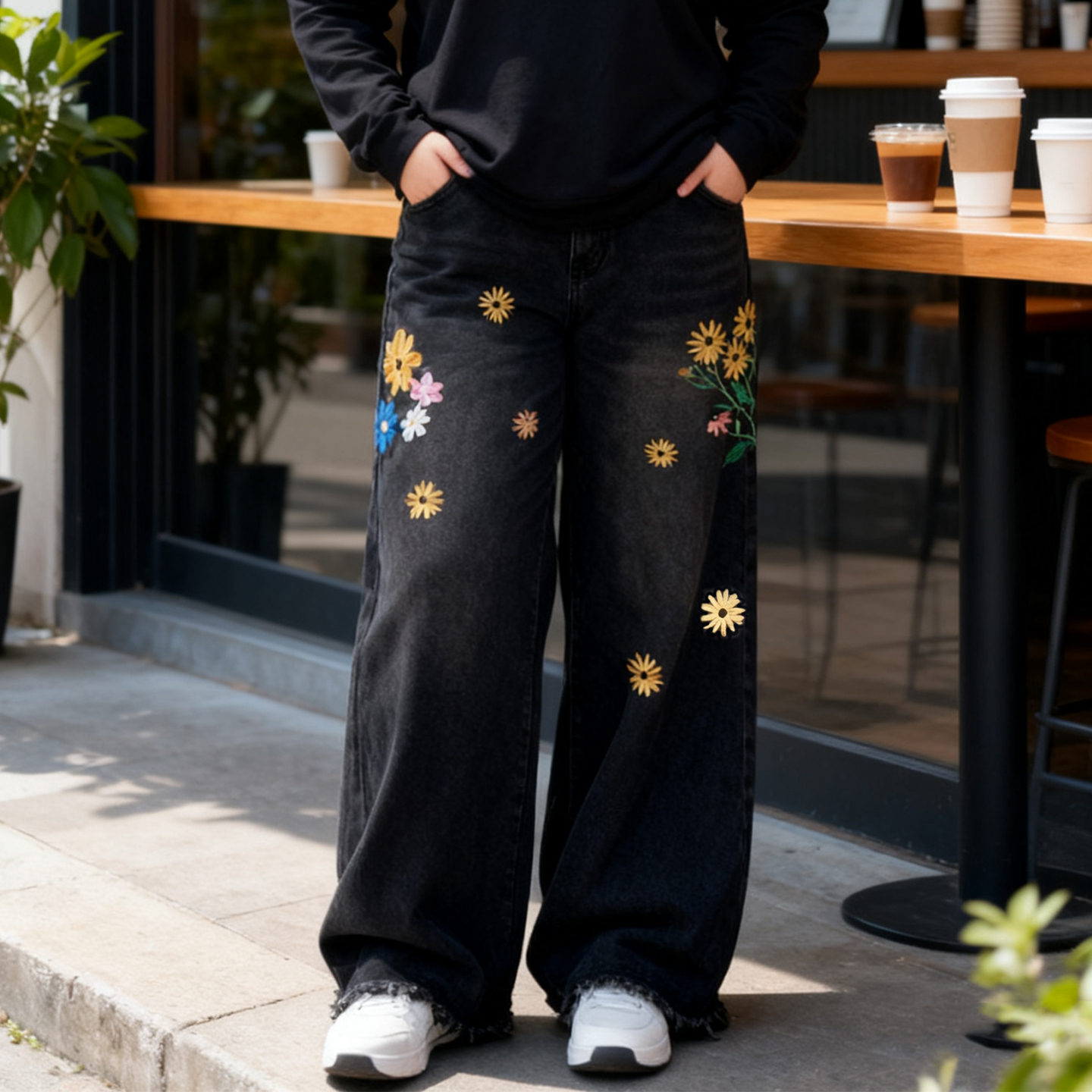 大码女装胖mm复古高街风花朵刺绣黑色牛仔裤女显瘦遮胯直筒阔腿裤