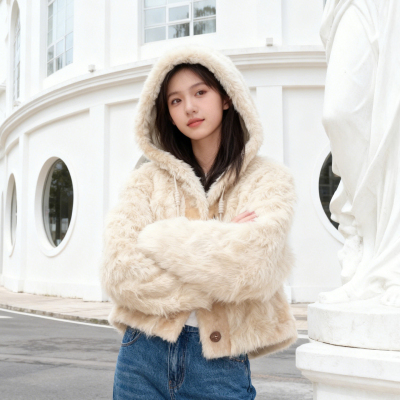 大码胖mm毛绒皮毛一体连帽外套女