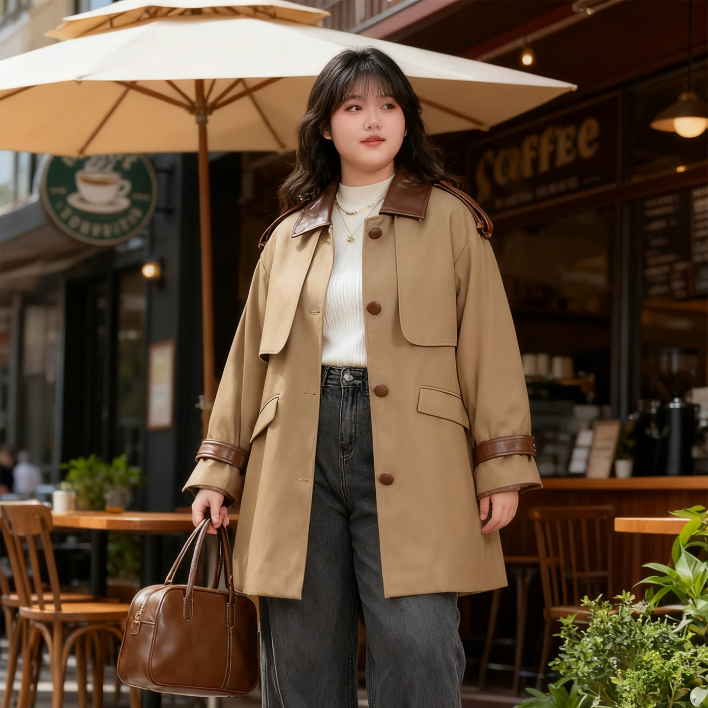 大码女装英伦风撞色翻领风衣外套