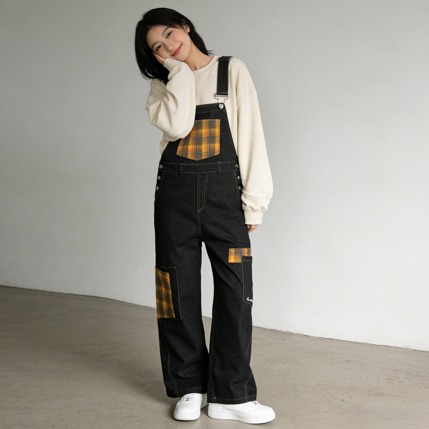 2026春季大码胖mm设计感格子牛仔背带裤女高腰直筒宽松遮胯连体裤,女装/女士精品,大码裤装,淘宝优惠券,粉丝福利购,淘宝优惠卷
