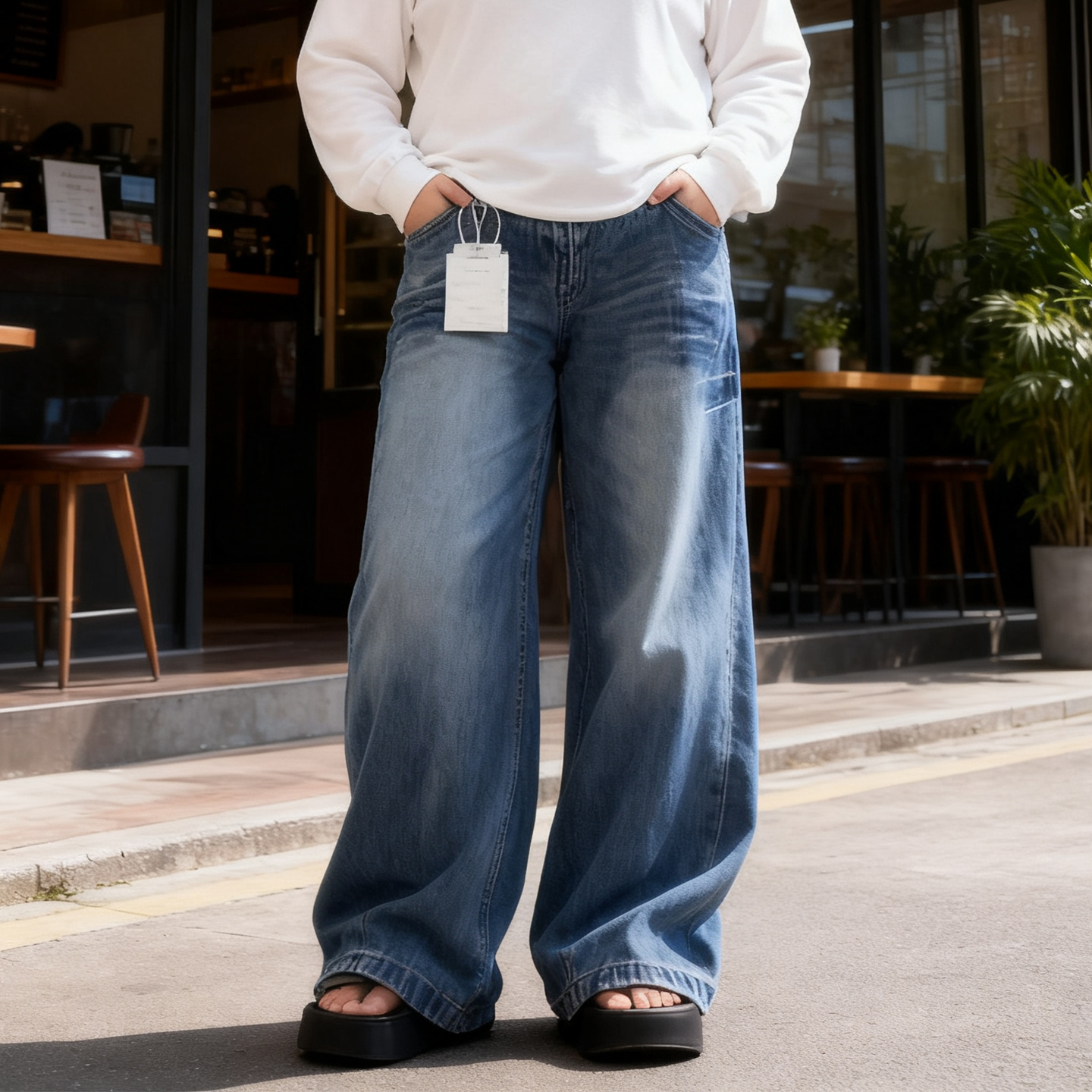 大码复古水洗高腰阔腿牛仔裤女