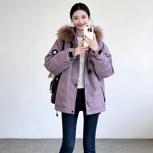 棉衣外套 宽松加厚保暖工装 大码 胖mm紫色大毛领连帽派克棉服女冬季