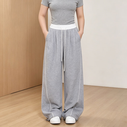 大码胖mm高腰系带宽松阔腿卫裤女