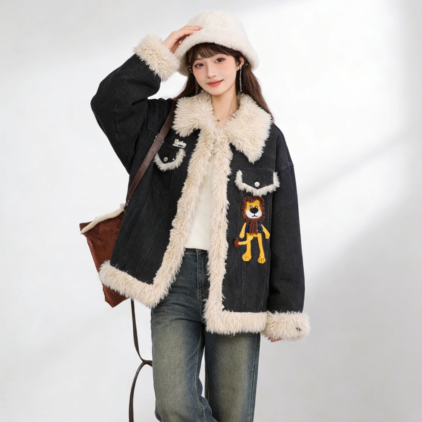 大码女冬季羊羔毛夹棉牛仔外套