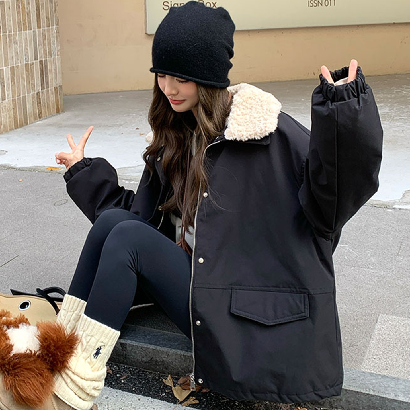 大码胖mm黑色翻领工装派克服女