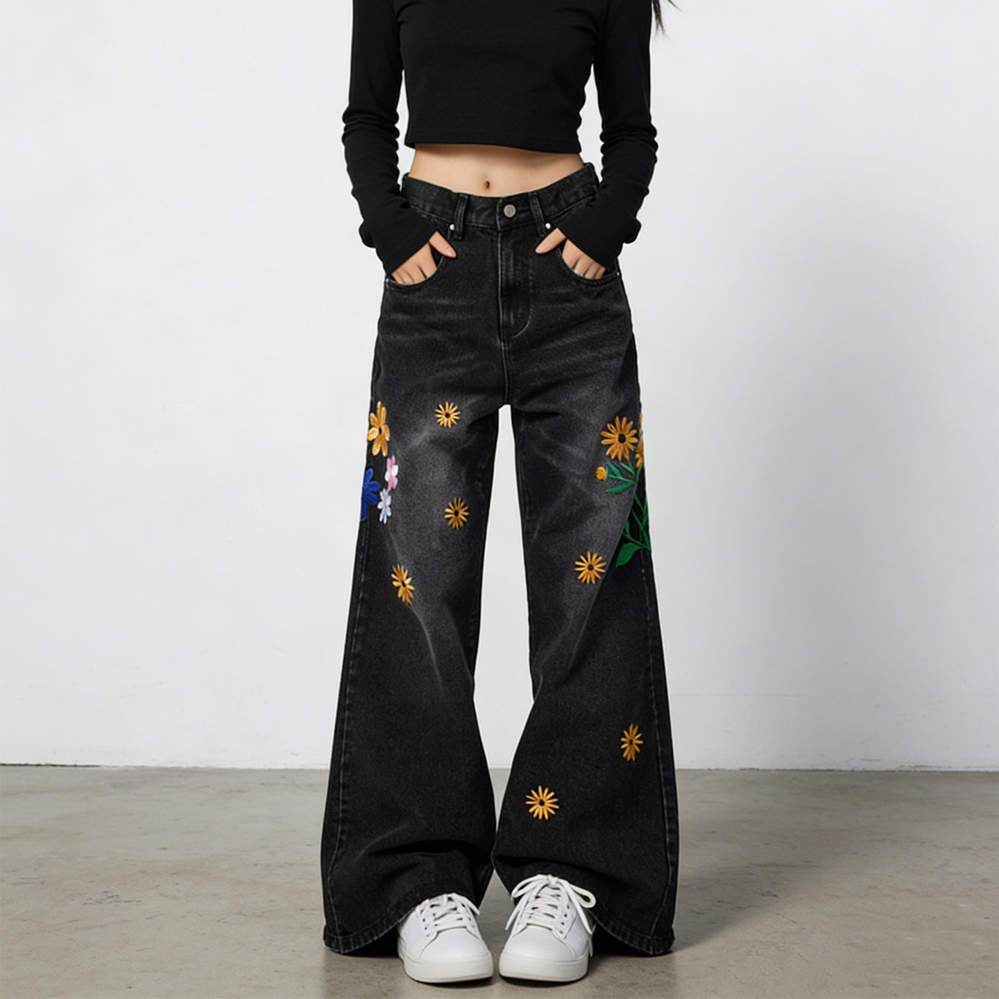 2026春季大码胖mm美式复古花卉刺绣黑色牛仔裤女阔腿裤显瘦直筒裤,女装/女士精品,大码裤装,淘宝优惠券,粉丝福利购,淘宝优惠卷