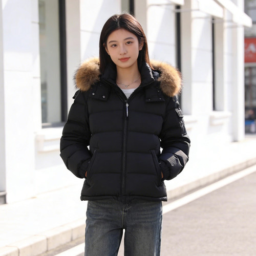 大码胖mm黑色毛领连帽加厚棉服女