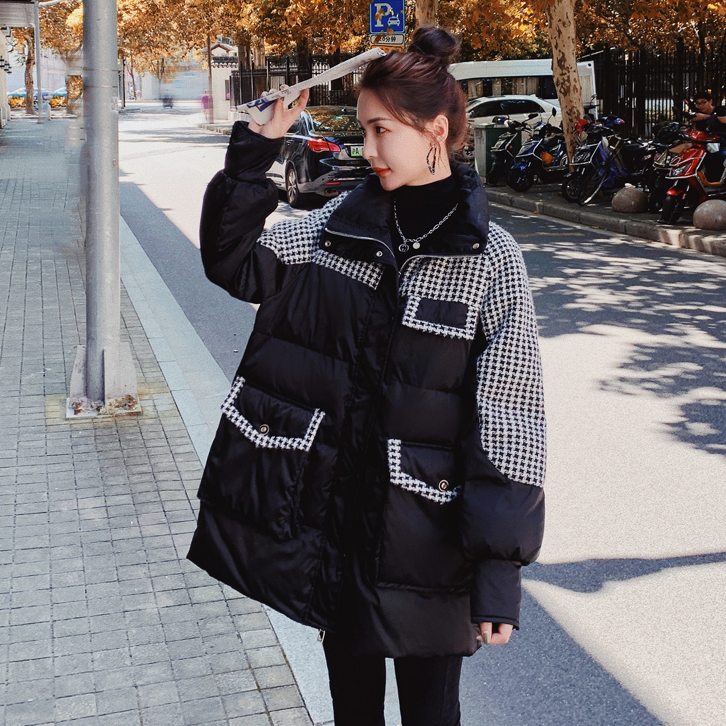 大码胖mm学院风千鸟格拼接棉服