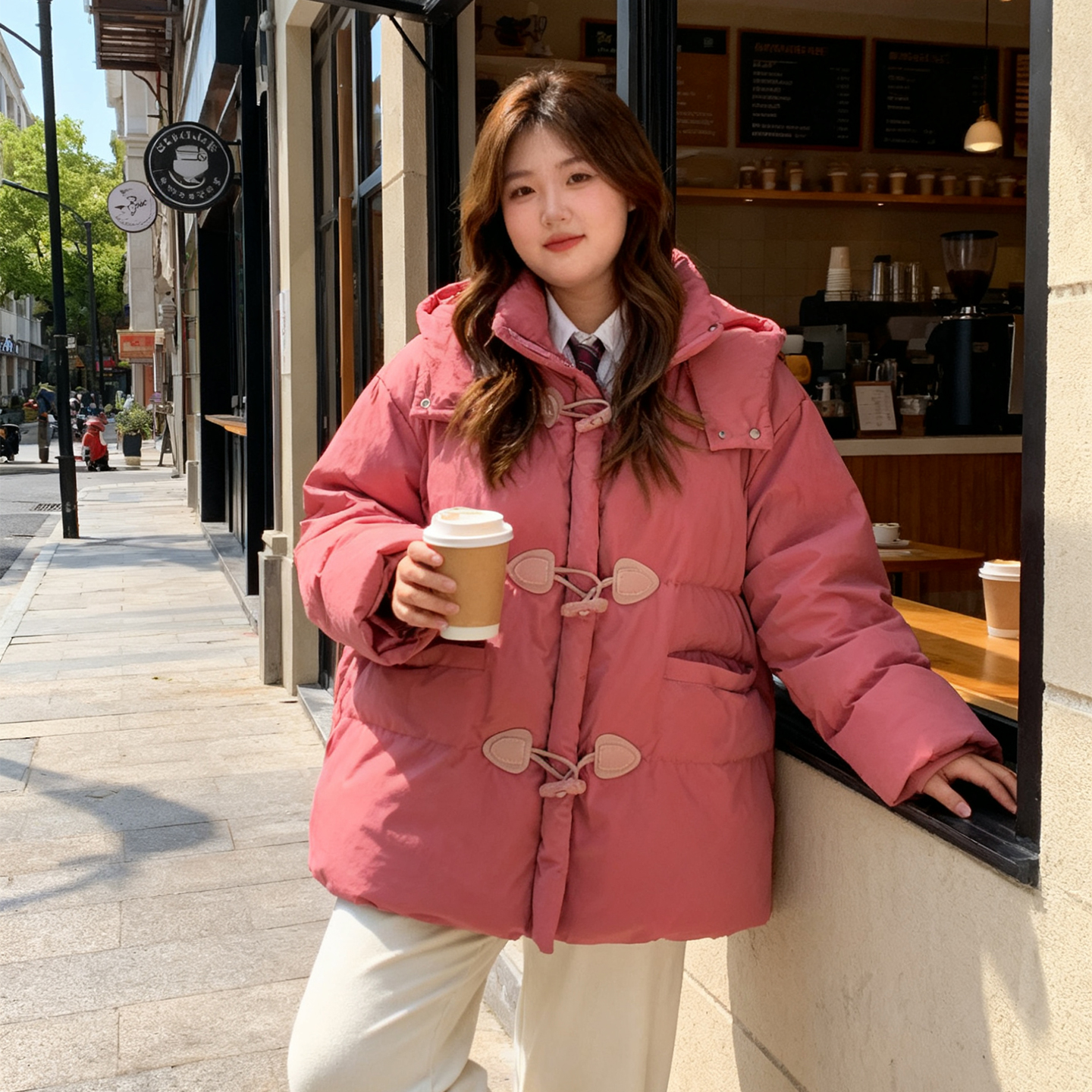 大码胖mm甜美少女风牛角扣棉服