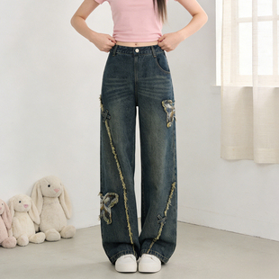 女宽松高腰直筒设计感阔腿裤 2026春夏大码 胖mm蝴蝶贴布刺绣牛仔裤