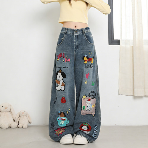 春季大码美式卡通刺绣阔腿牛仔裤