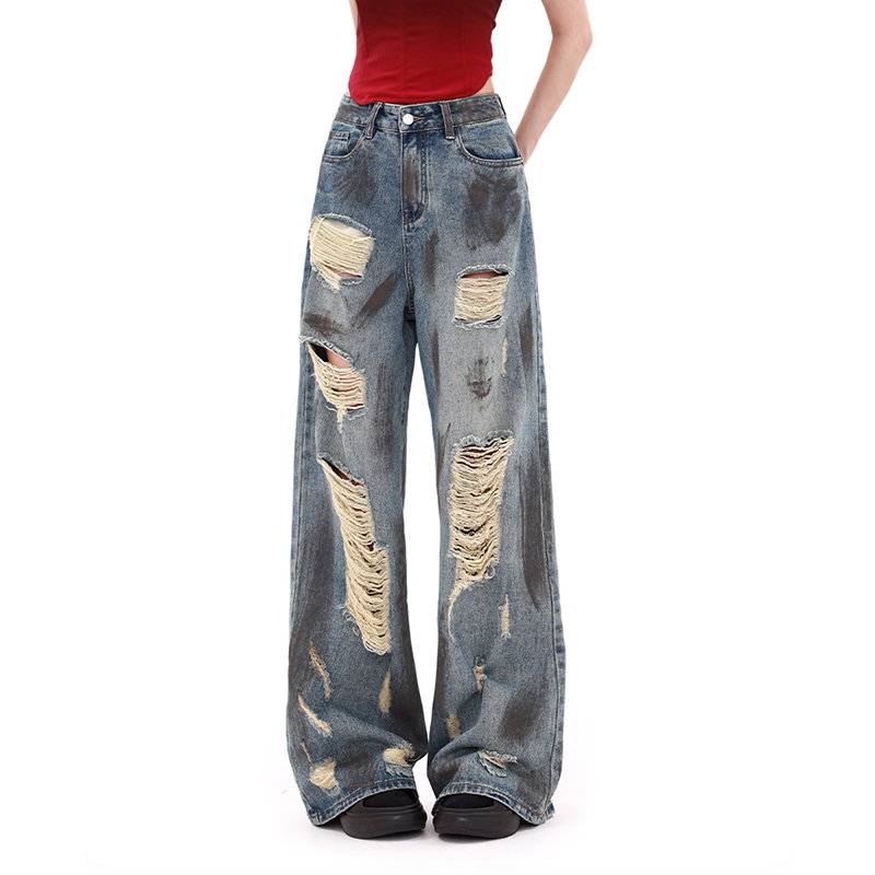 大码扎染废土风脏脏破洞牛仔裤女