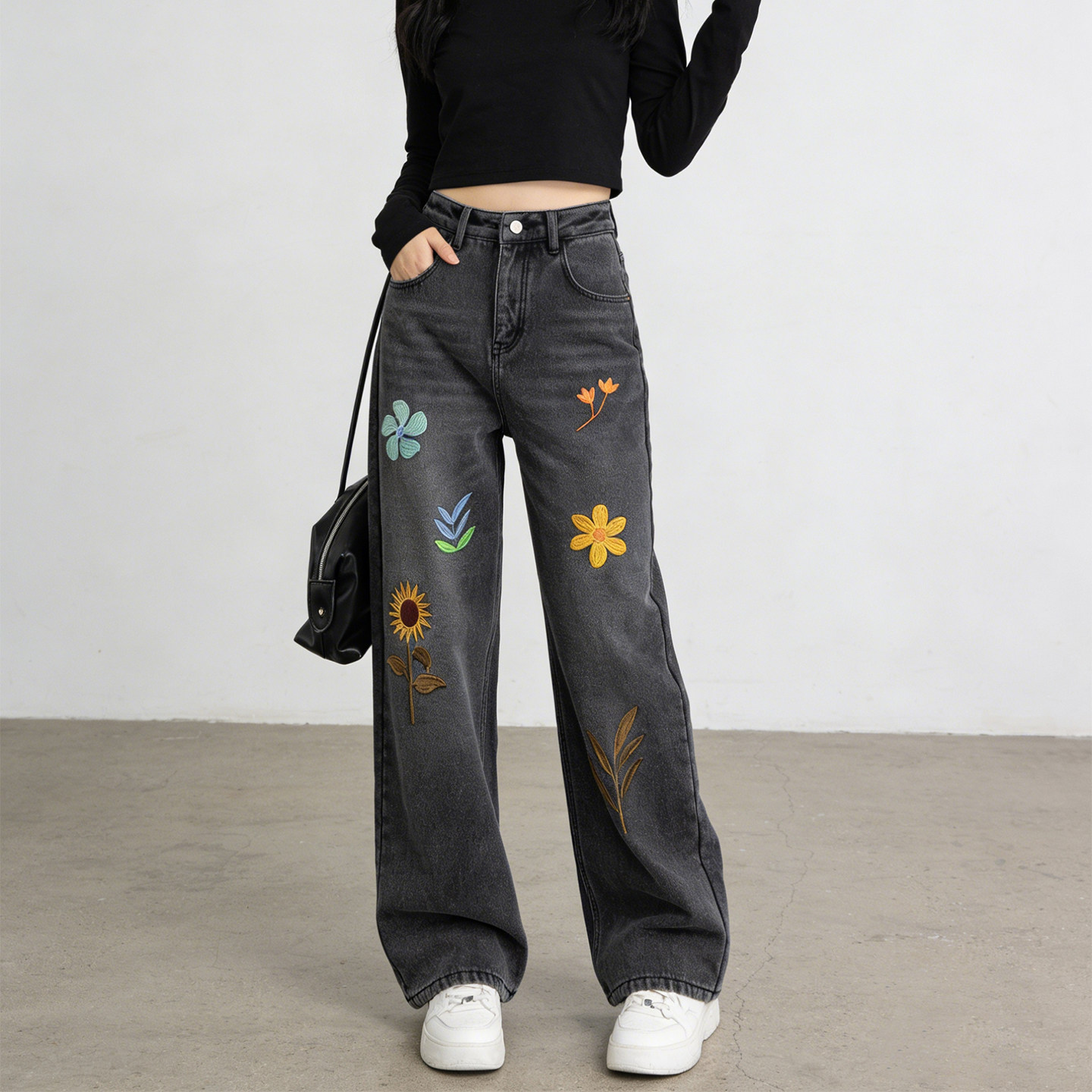 2026春季大码胖mm设计感花朵刺绣牛仔裤女高腰宽松显瘦直筒阔腿裤,女装/女士精品,大码裤装,淘宝优惠券,粉丝福利购,淘宝优惠卷
