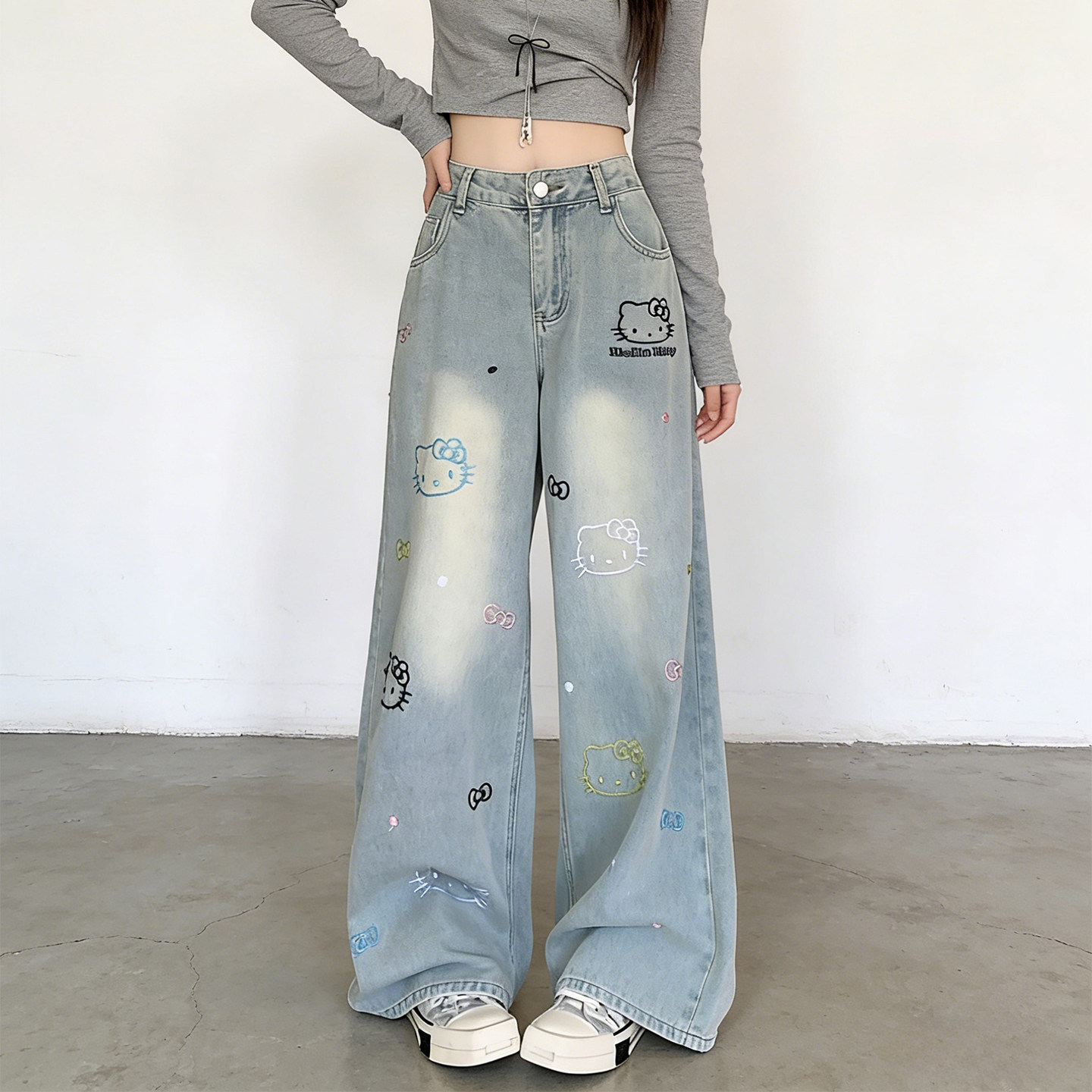 2026春季新款胖mm大码kt卡通猫刺绣牛仔裤女高腰宽松显瘦阔腿裤子,女装/女士精品,大码裤装,淘宝优惠券,粉丝福利购,淘宝优惠卷