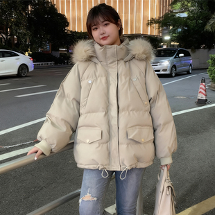 毛领棉衣女冬季 胖mm工装 加厚保暖连帽宽松面包服棉服外套 女装 大码