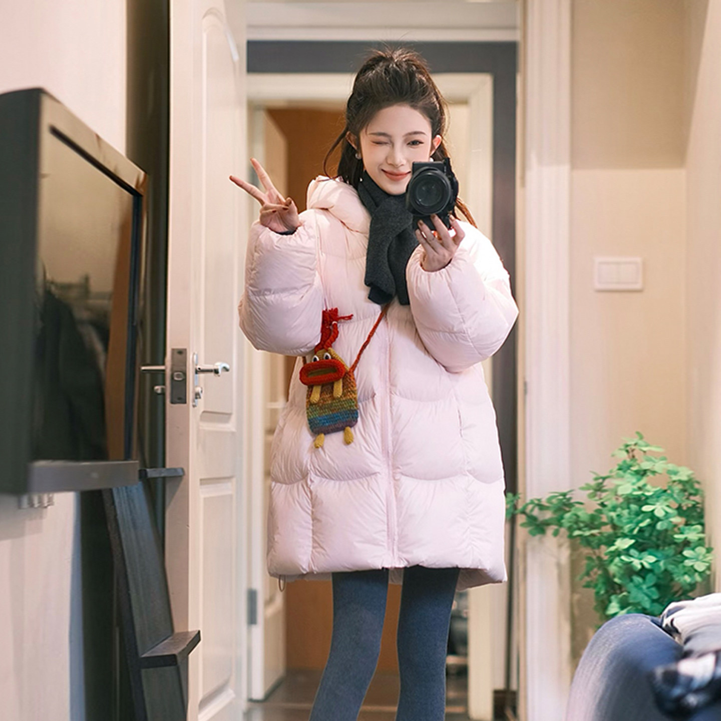 大码胖mm粉色云朵泡芙加厚棉服女