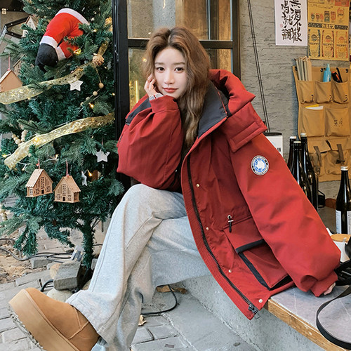 大码女装胖mm红色加厚连帽棉服