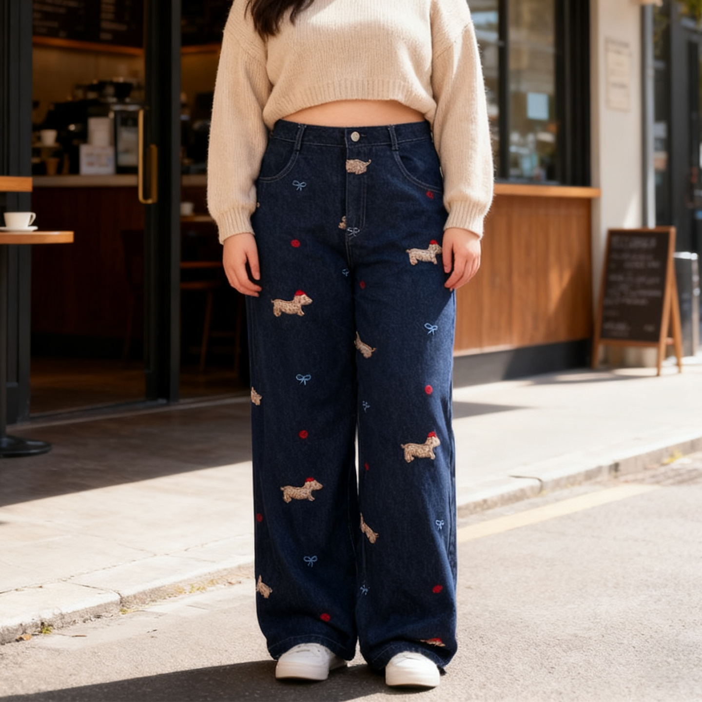 大码女装美式复古阔腿刺绣牛仔裤