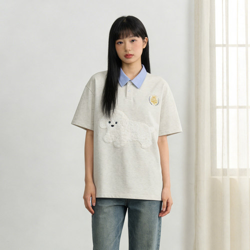 胖mm学院风小狗刺绣翻领短袖T恤