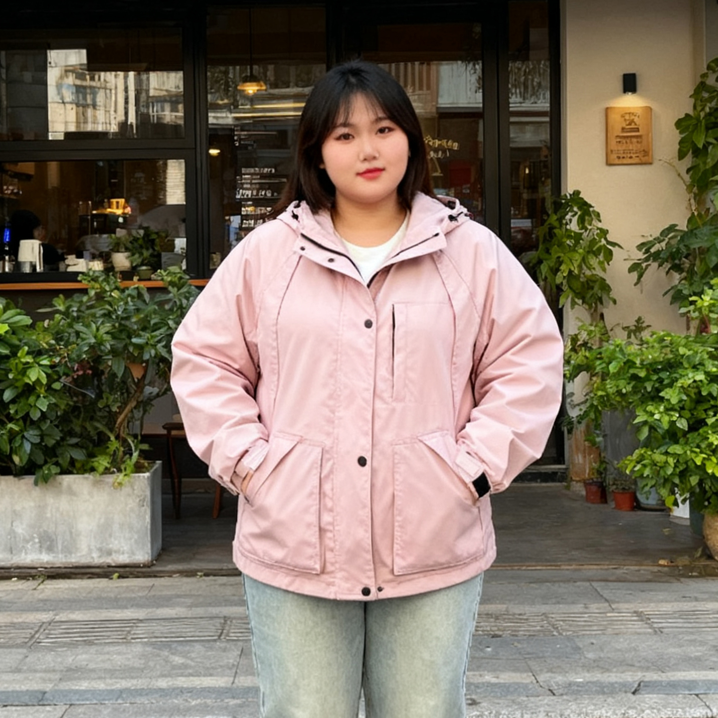 2025秋季新款大码粉色连帽冲锋衣